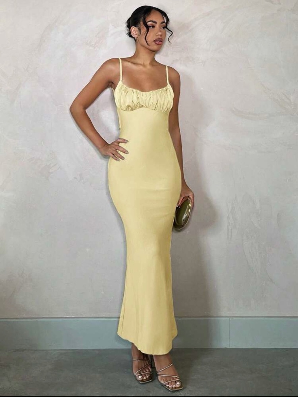 SHEIN Pastel Yellow Ruched Bust Slip Maxi Dress